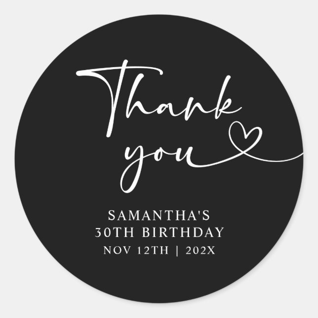 Modern Black and White Hello 30th Birthday Runder Aufkleber (Vorderseite)