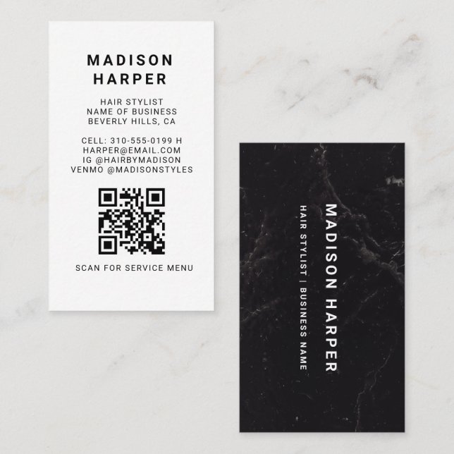 Modern Black and White Marble QR Code Business Visitenkarte (Vorne/Hinten)