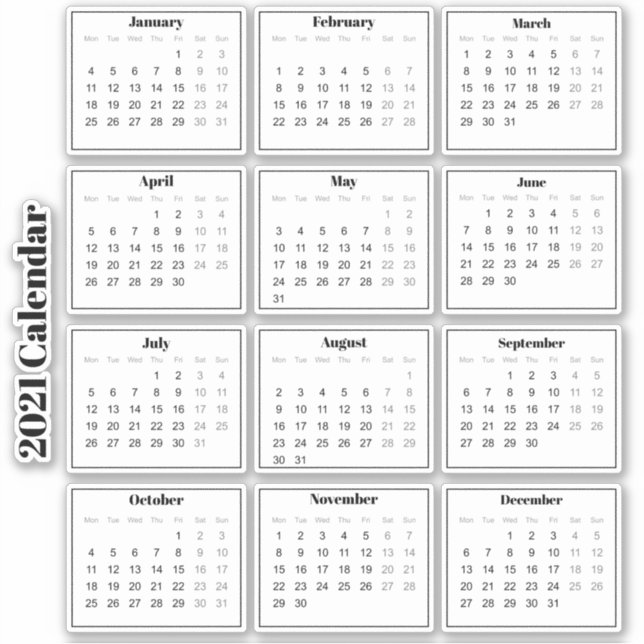 Modern Black and White Mini 2021 Planer Kalender Aufkleber (Vorderseite)