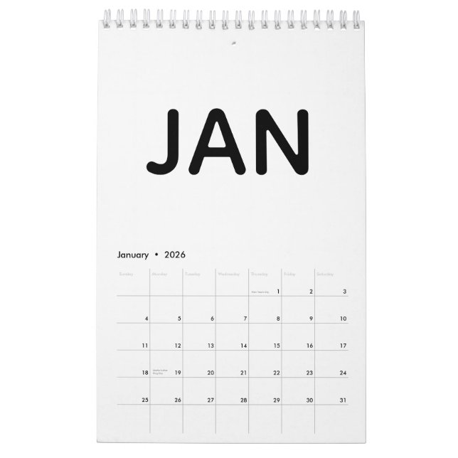 Modern Black and White Minimalist 2026 Kalender (Jan 2026)