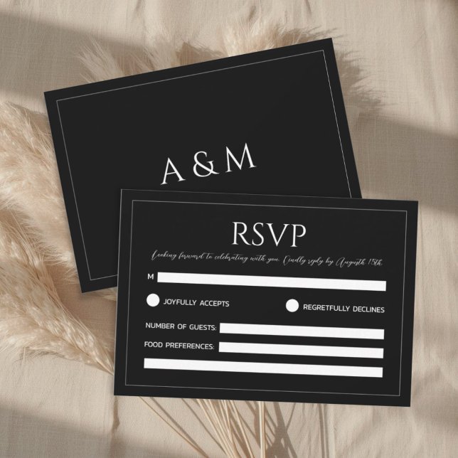 Modern black and white minimalist wedding RSVP karte (Von Creator hochgeladen)