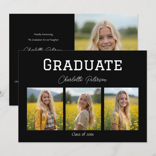 Modern Black and White Photo Grad Announcement Einladung (Vorne/Hinten)