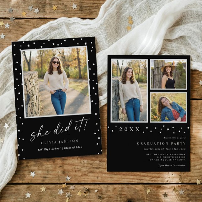 Modern Black and White Photo Graduation Einladung (Modern graduation invitation with photos, handwriting script and minimalist stars)