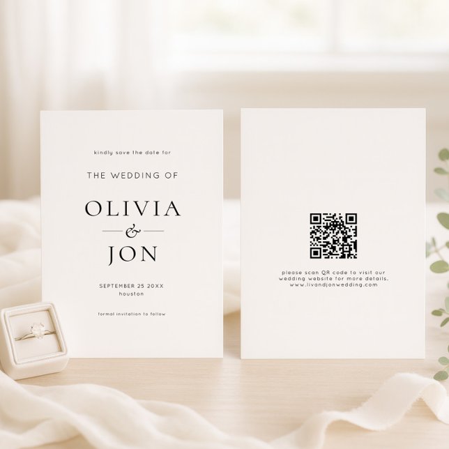 Modern Black and White QR Code Wedding Save The Date (front and back view)