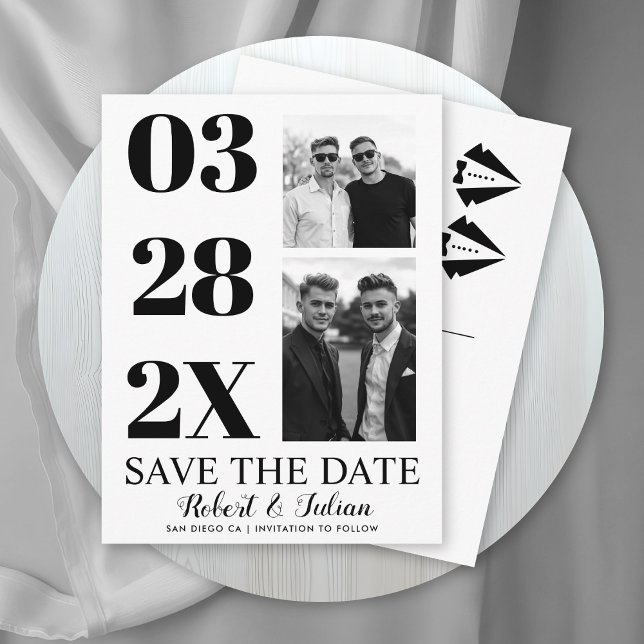 Modern black and white two photo gay Save the Date Postkarte (Von Creator hochgeladen)
