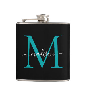 Modern Black Aquamarin Green Monogram Girl Script  Flachmann
