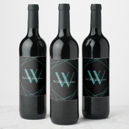 Modern Black Aquamarin Monogram Name Script Geomet Weinetikett