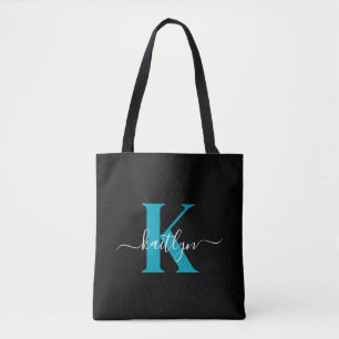 Modern Black Aquamarin Script Monogram