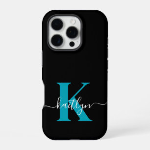 Modern Black Aquamarin Script Monogram iPhone 16 Pro Hülle