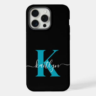 Modern Black Aquamarin Script Monogram iPhone 15 Pro Max Hülle