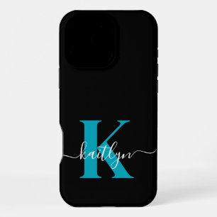 Modern Black Aquamarin Script Monogram iPhone 16 Pro Max Hülle