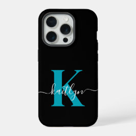 Modern Black Aquamarin Script Monogram iPhone 15 Pro Hülle