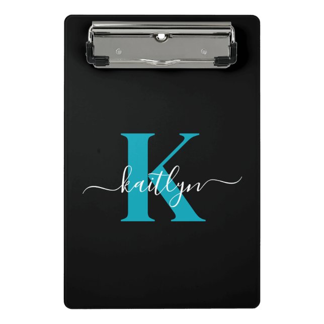 Modern Black Aquamarin Script Monogram Mini Klemmbrett (Vorderseite)