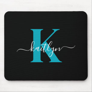 Modern Black Aquamarin Script Monogram Mousepad