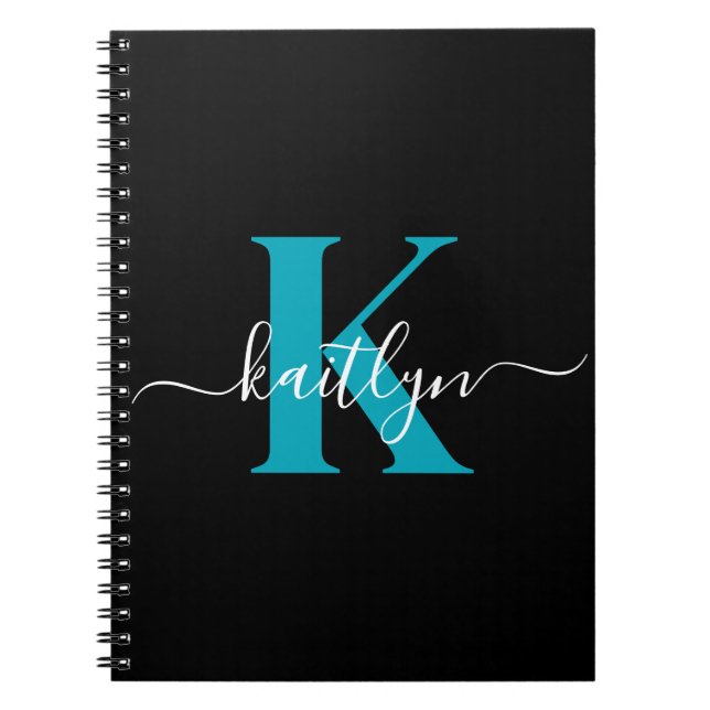 Modern Black Aquamarin Script Monogram Notizblock (Vorderseite)