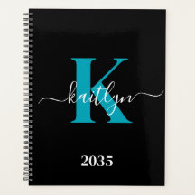Modern Black Aquamarin Script Monogram
