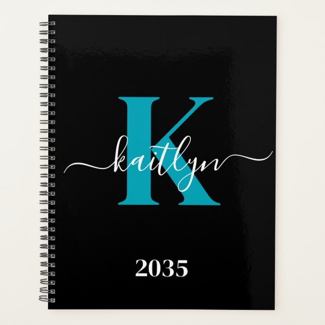 Modern Black Aquamarin Script Monogram Planer (Vorderseite)