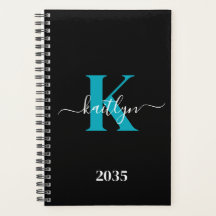 Modern Black Aquamarin Script Monogram