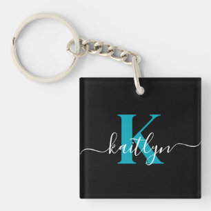 Modern Black Aquamarin Script Monogram Schlüsselanhänger