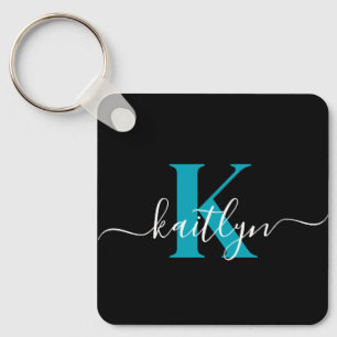 Modern Black Aquamarin Script Monogram Schlüsselanhänger