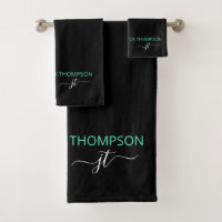 Modern Black Aquamarin Simple Script Monogram Name