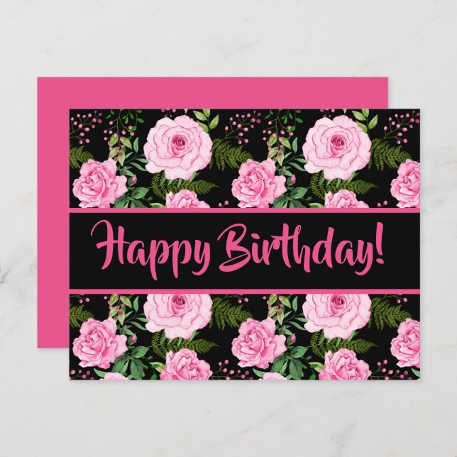 Modern Black Beautiful Pink Roses Happy Birthday (Vorne/Hinten)
