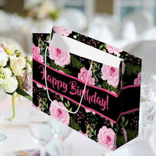 Modern Black Beautiful Pink Roses Happy Birthday Große Geschenktüte