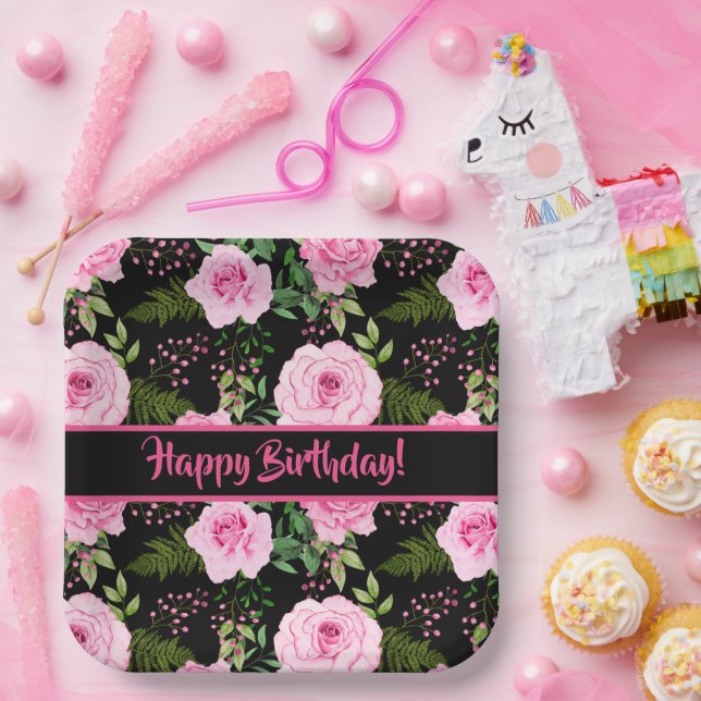 Modern Black Beautiful Pink Roses Happy Birthday Pappteller (Party)