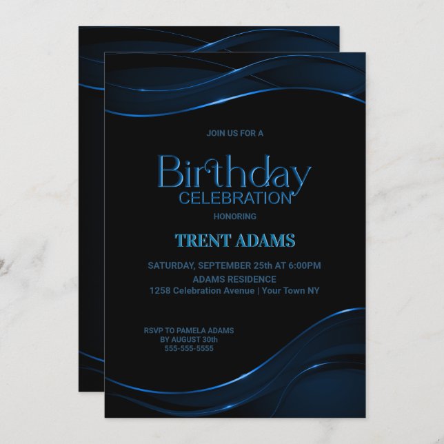 Modern Black Blue Birthday Party Einladung (Vorne/Hinten)