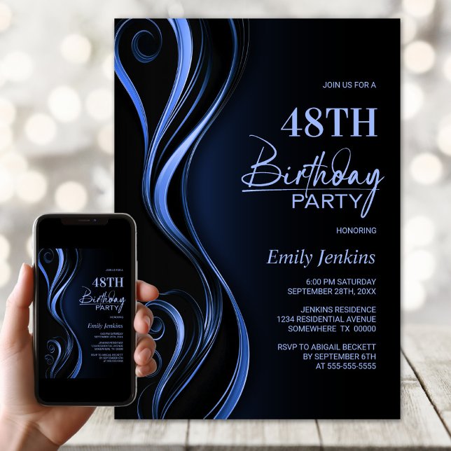 Modern Black Blue Birthday Party Einladung (Von Creator hochgeladen)