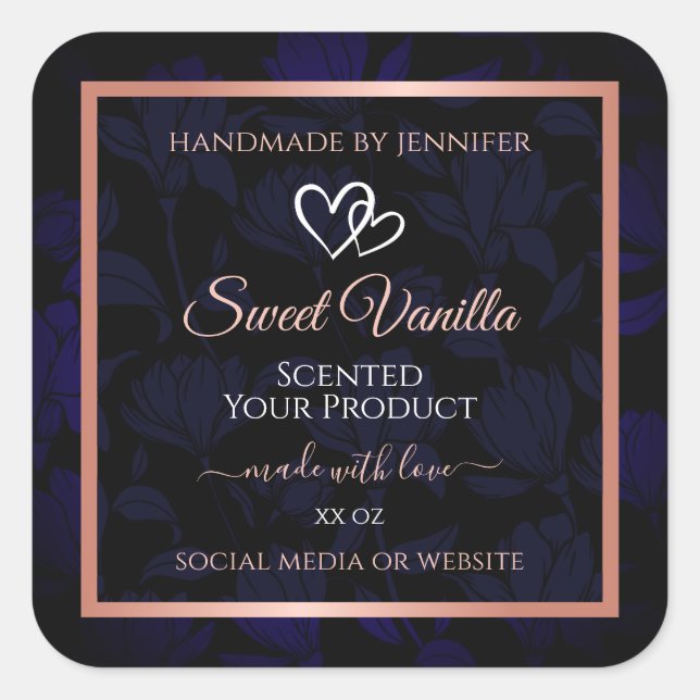 Modern Black Blue Floral Product Labels Rose Gold Quadratischer Aufkleber (Vorderseite)