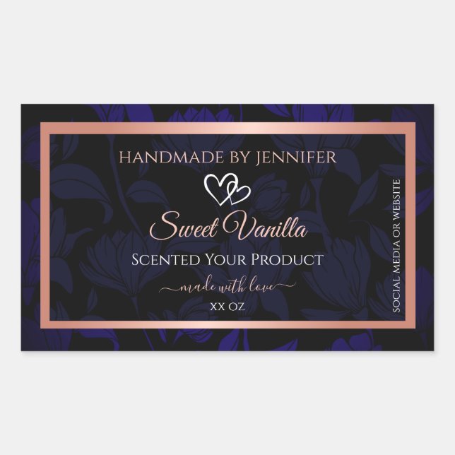 Modern Black Blue Floral Product Labels Rose Gold Rechteckiger Aufkleber (Vorderseite)