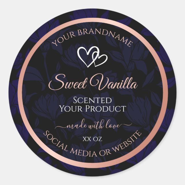 Modern Black Blue Floral Product Labels Rose Gold Runder Aufkleber (Vorderseite)