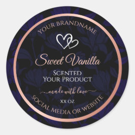 Modern Black Blue Floral Product Labels Rose Gold Runder Aufkleber