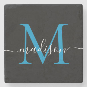 Modern Black Blue Monogram Feminine Script Name Steinuntersetzer