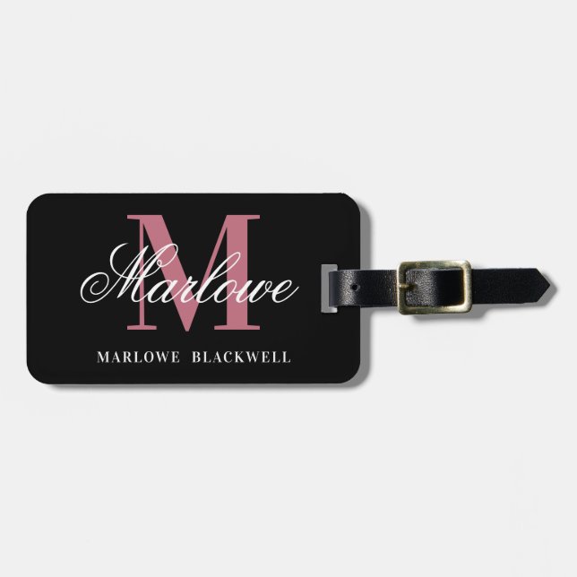 Modern Black Blush Pink Monogram Script Gepäckanhänger (Vorderseite horizontal)