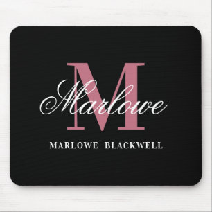 Modern Black Blush Pink Monogram Script Mouse Pad Mousepad