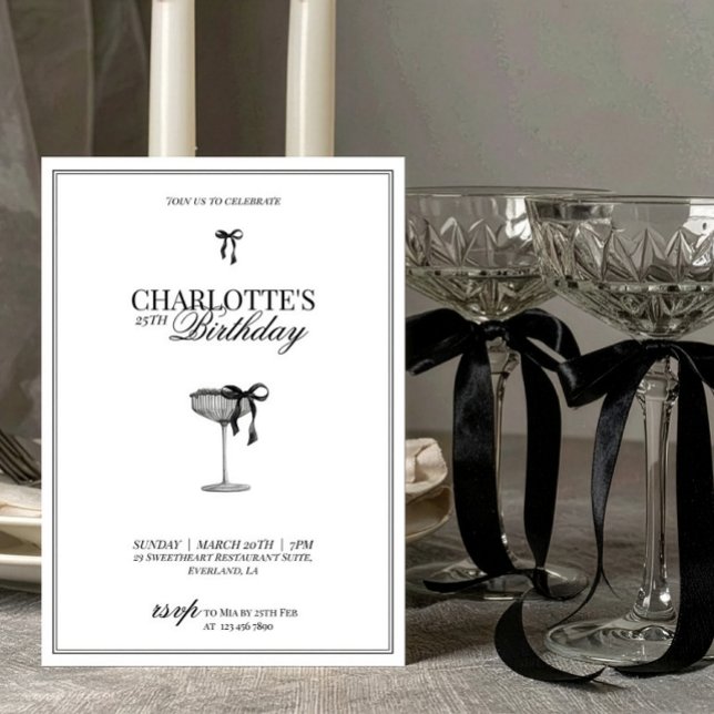 Modern Black Bow Champagne Birthday Invitation Einladung (Von Creator hochgeladen)