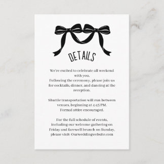 Modern Black bow Wedding Details Enclosure Card  Begleitkarte