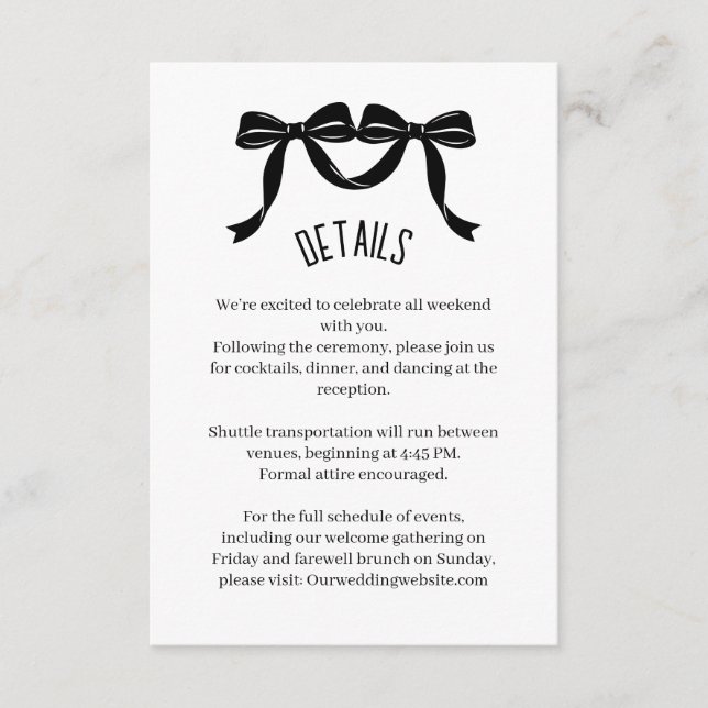 Modern Black bow Wedding Details Enclosure Card  Begleitkarte (Vorderseite)