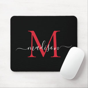 Modern Black Burgundy Red Monogram Girly Script Mousepad