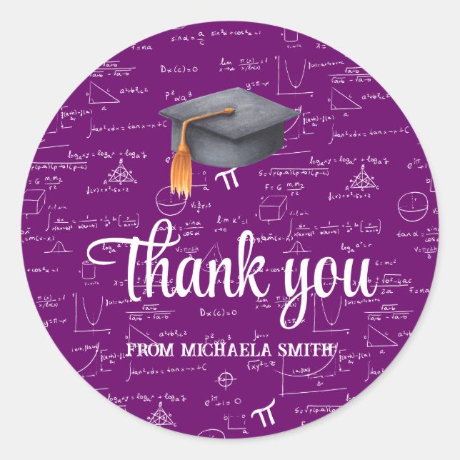 Modern Black Cap Purple Math Graduation Thank You Runder Aufkleber (Vorderseite)
