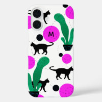 Modern Black Cat and Cactus Pattern Monogram