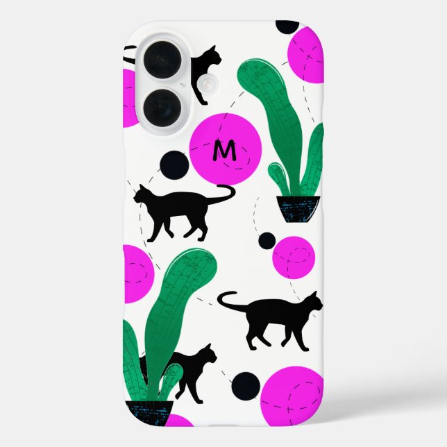 Modern Black Cat and Cactus Pattern Monogram Case-Mate iPhone Hülle (Rückseite)