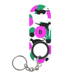Modern Black Cat and Cactus Pattern Monogram Mini Flaschenöffner