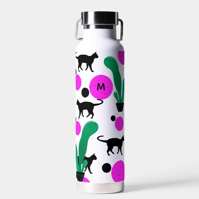 Modern Black Cat and Cactus Pattern Monogram Trinkflasche (Vorne)