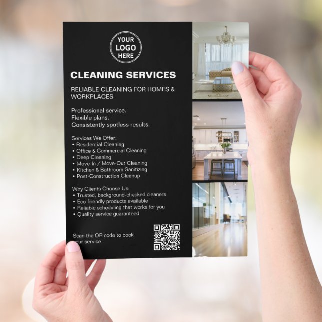 Modern Black Cleaning Services Photo Logo QR Flyer (Modern Black Cleaning Services Photo Logo QR Flyer)