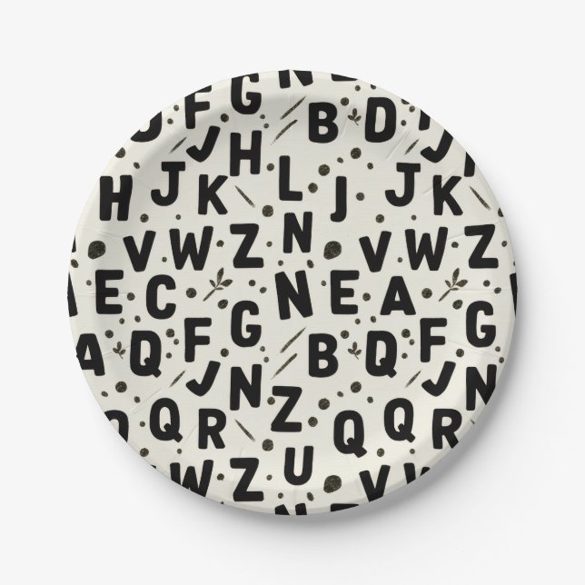Modern Black & Cream Alphabet Pappteller (Vorderseite)
