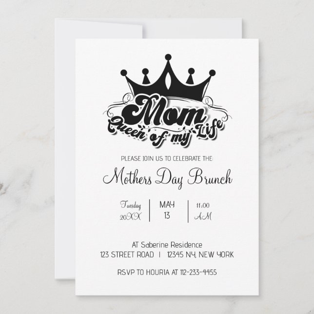 Modern Black Crown MOM Queen of my life Invitation Einladung (Vorderseite)