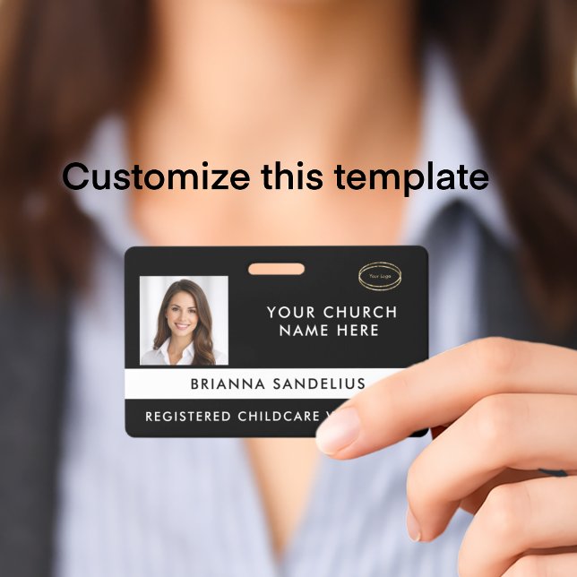 Modern Black Custom Logo Photo ID Church Volunteer Ausweis (Personalize this modern black and white professional logo photo ID badge for church volunteers.
)